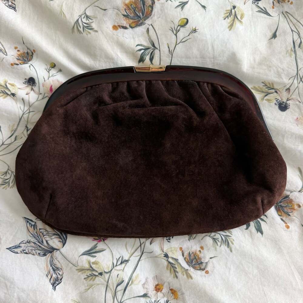 Ruth E Saltz Vintage Brown Suede Clutch Bag Tortoise Shell Lucite Frame